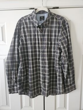 Saltaire Men's L Regular Blue Brown White Plaid Cotton Button-Down Shirt Pockets